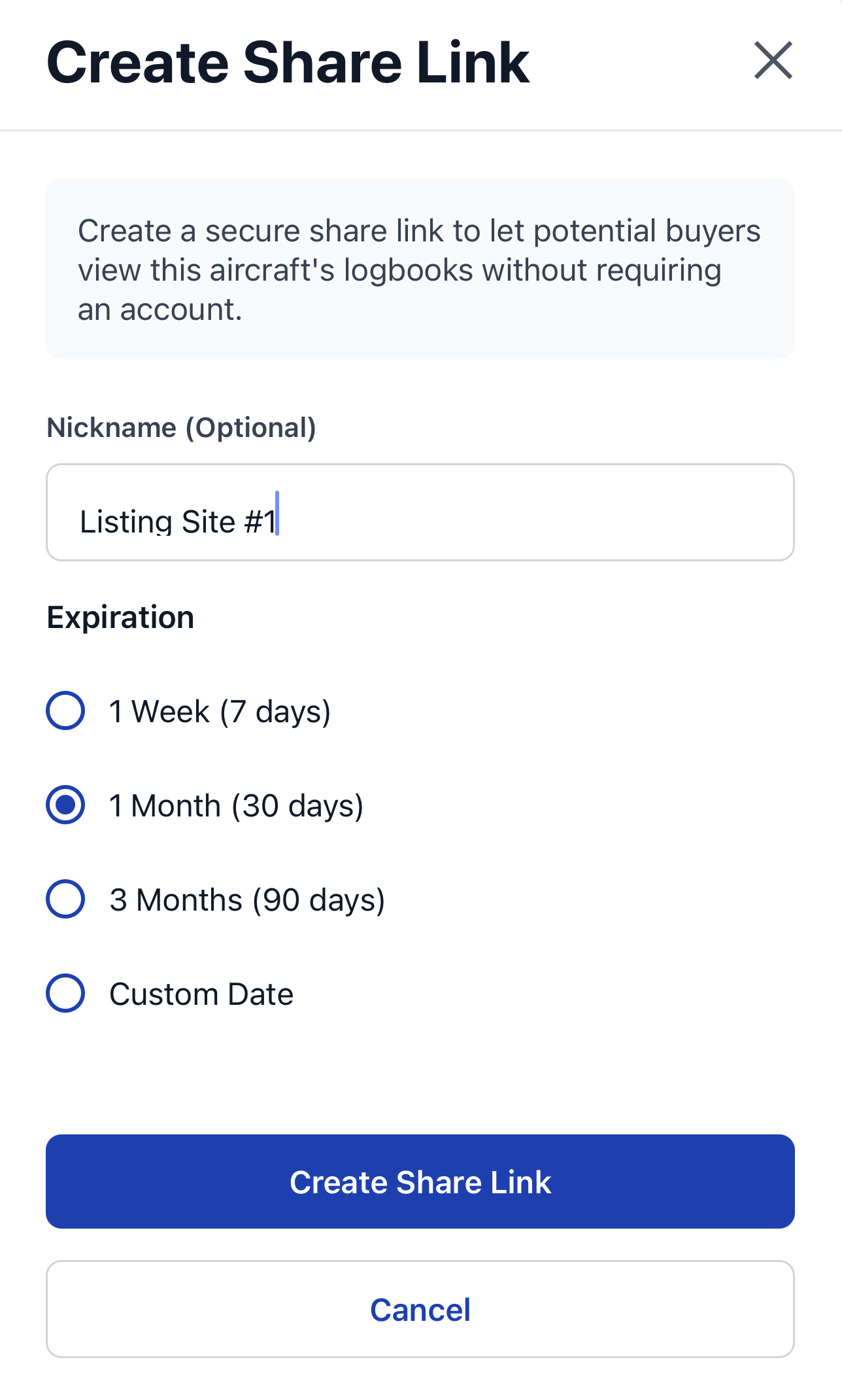 LogIQ share link creation screen