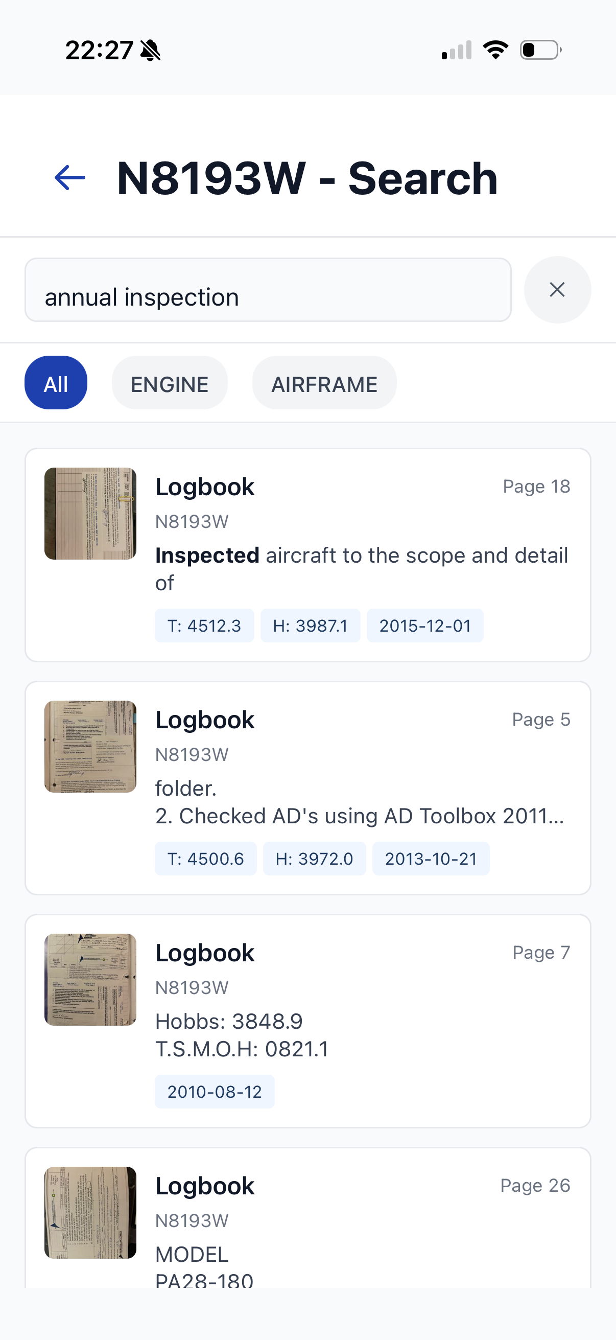 Airworthy search results showing annual inspection matches with highlighted text snippets