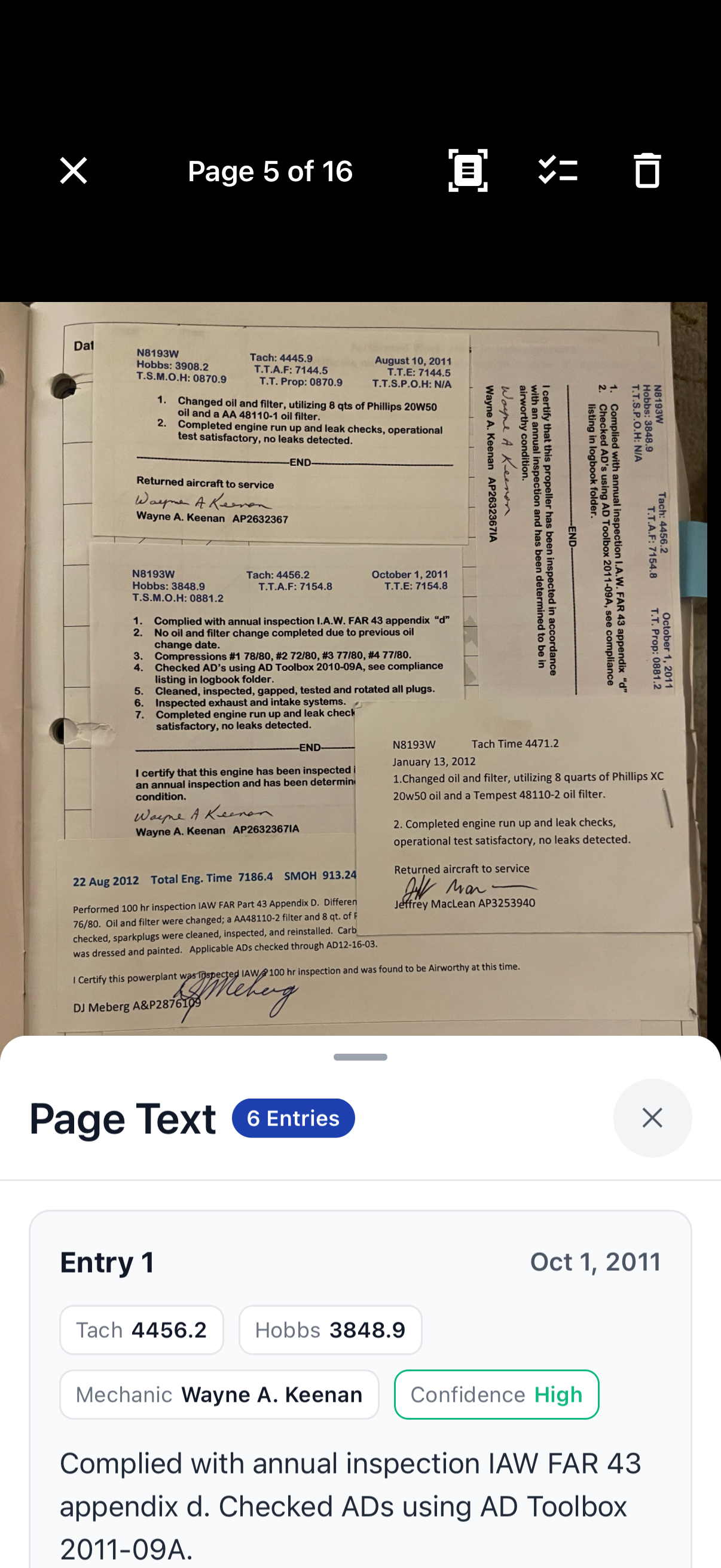 Airworthy app showing minimized OCR text panel on a logbook page