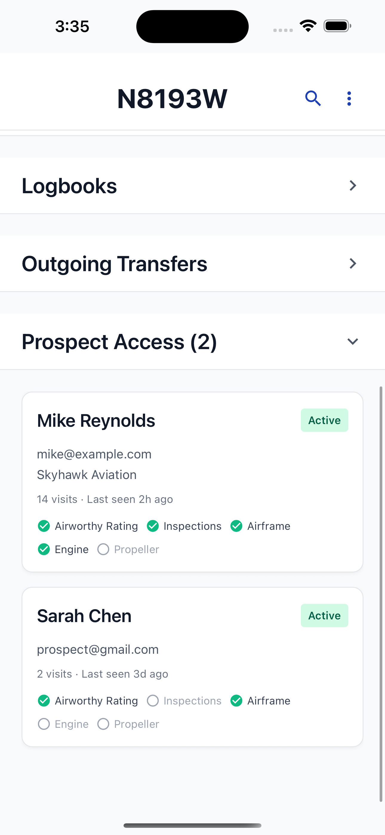 Airworthy app showing active buyer prospects and their activity