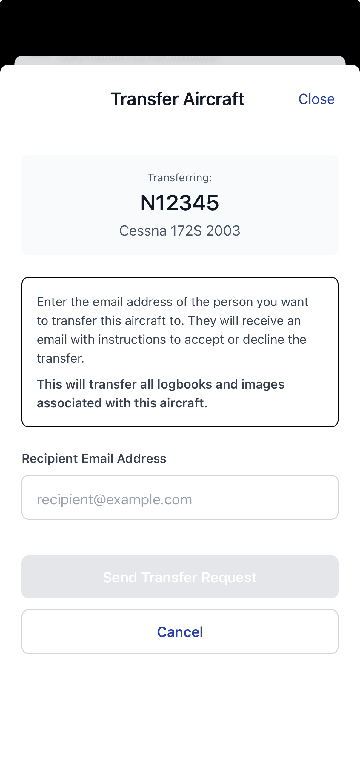 LogIQ app Transfer Aircraft screen showing tail number and recipient email entry
